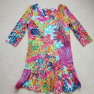 Lilly Pulitzer Girls Morgana Multi color Coral Ruffle Bow Dress szXL (12-14)